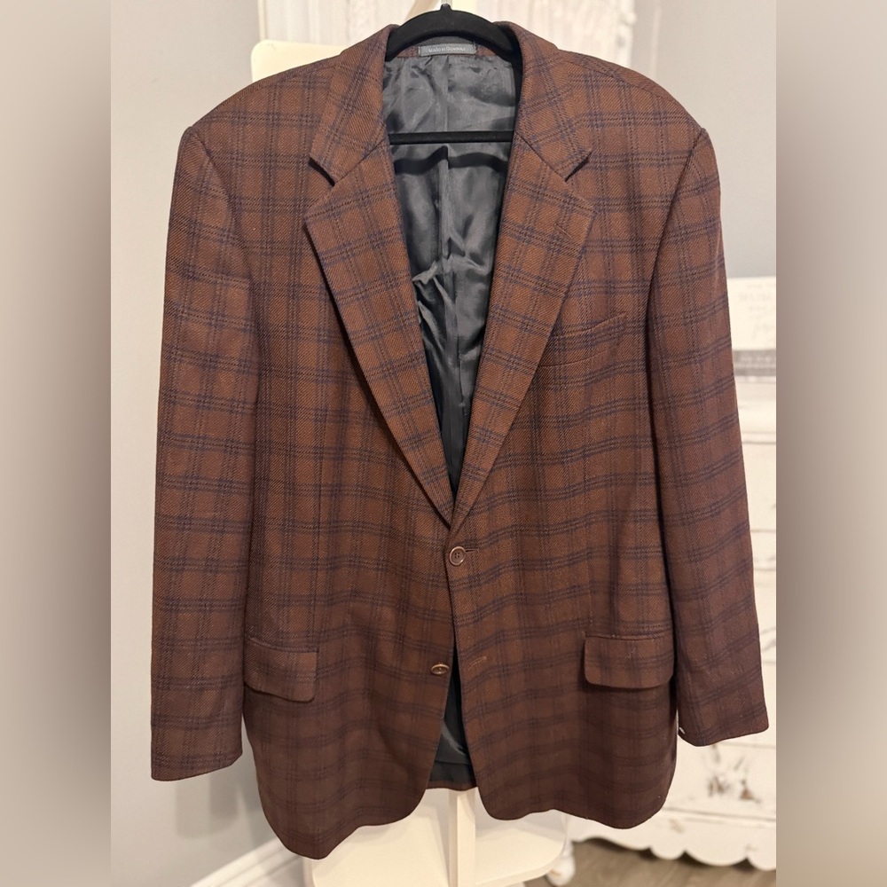 Azzurro Wool Cashmere Blazer Mens 46R Brown Plaid Sport Coat Italy Tailored